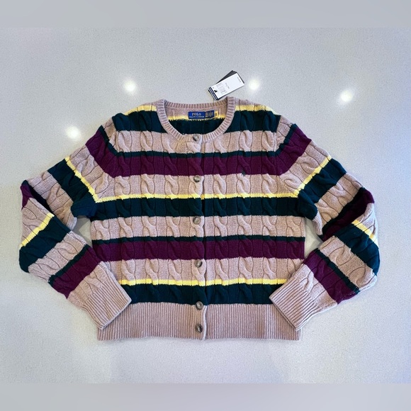 NWT Ralph Lauren Cable Knit Striped Cardigan Sweater 90% Wool 10% Cashmere SzXXL - Picture 12 of 12